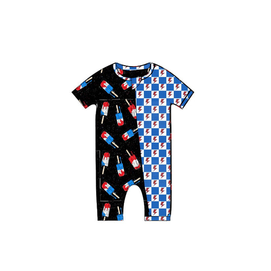 preorder SR2906 4th of July USA black blue ice cream star with lightning Splice Zip Short Sleeve Romper Boys  Boutique Outfits 202503