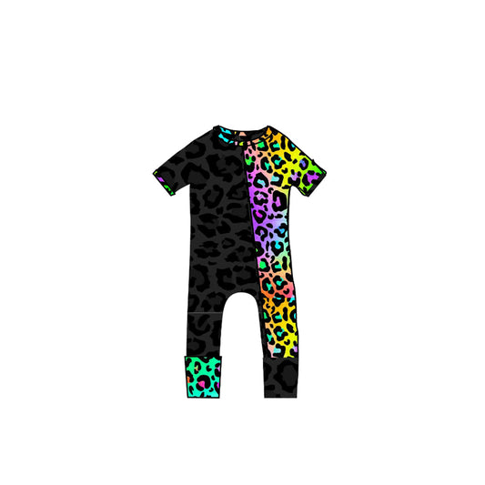 preorder SR2907 Colored leopard black Splice Zip Short Sleeve Romper Boys Boutique Outfits 202503