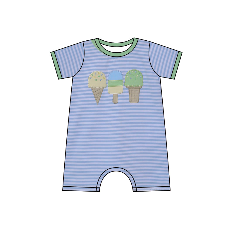 preorder SR2908 Blue Striped Green Ice Cream Short Sleeve Romper Boys Boutique Outfits 202503