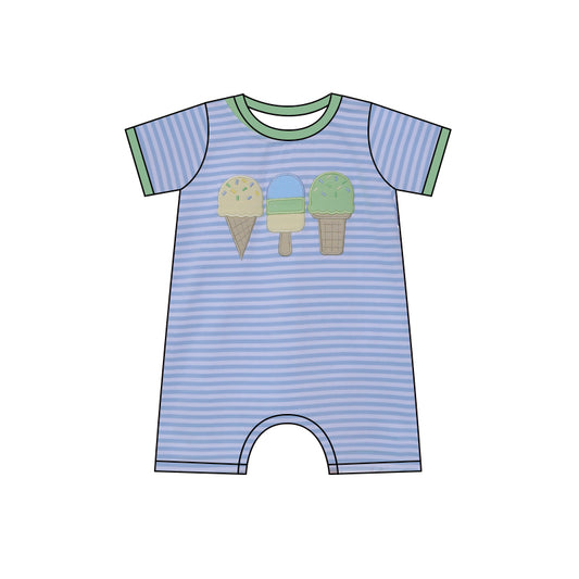 preorder SR2908 Blue Striped Green Ice Cream Short Sleeve Romper Boys Boutique Outfits 202503