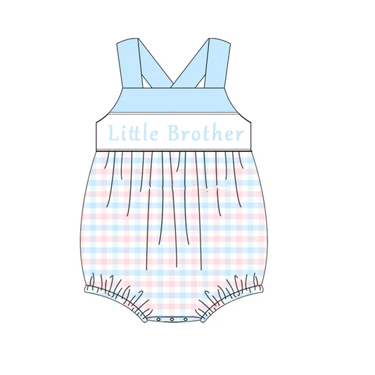 preorder SR2910 Letter Brother Blue Plaid Sleeveless Romper Boys Boutique Outfits 202503