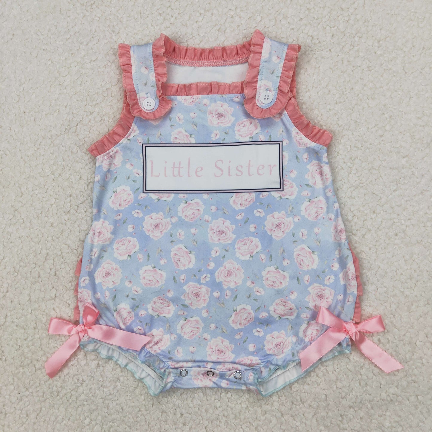 SR2911 Little Sister Pink Blue Flower Ruffle Sleeveless Romper Girls Boutique Outfits 202504 RTS