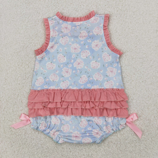 SR2911 Little Sister Pink Blue Flower Ruffle Sleeveless Romper Girls Boutique Outfits 202504 RTS