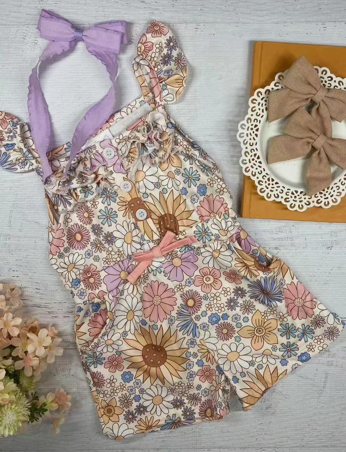 Preorder SR2914 Beige Yellow Flower Fly Sleeve Romper Overall Jumpsuit Girls Boutique Clothes 202503