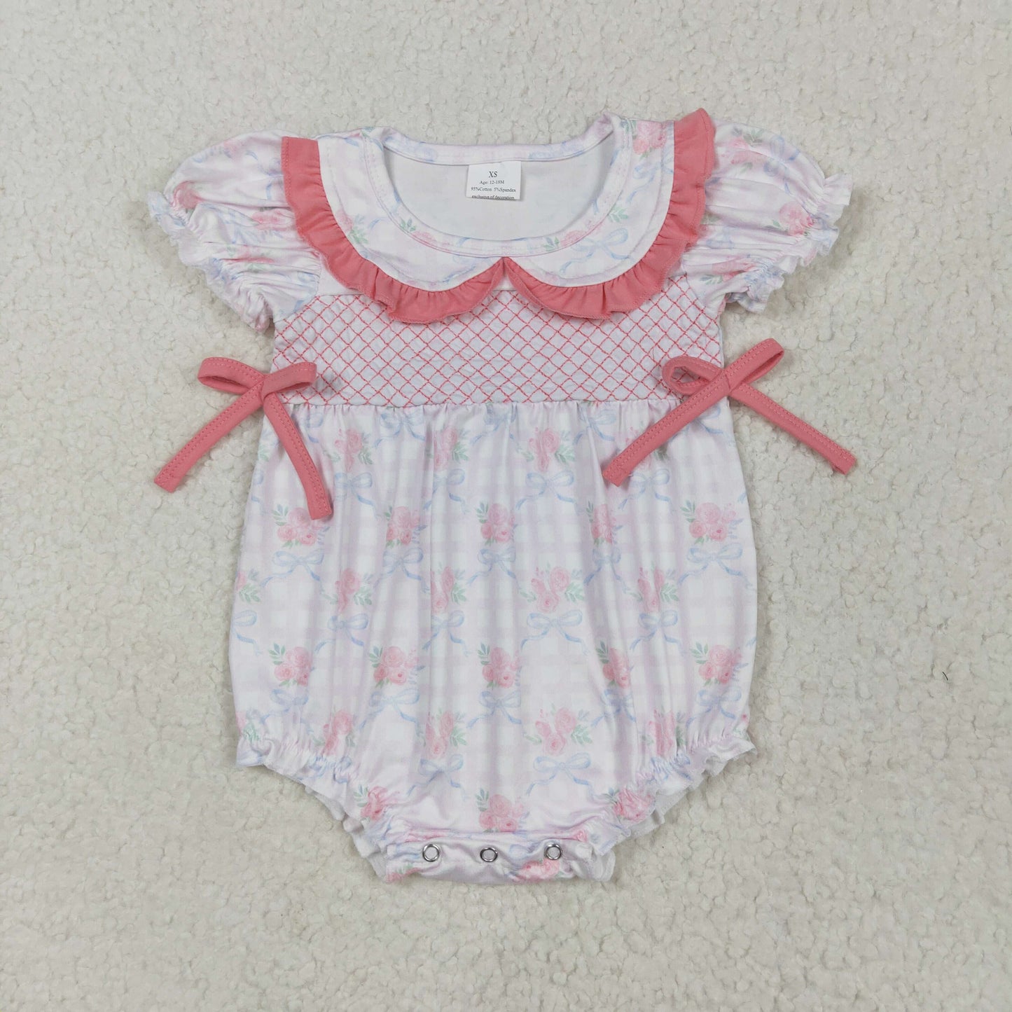 SR2917 Embroidered Pink Doll collar Flower Bows Ruffle Puff Short Sleeve Romper Girls Boutique Outfits 202504 RTS