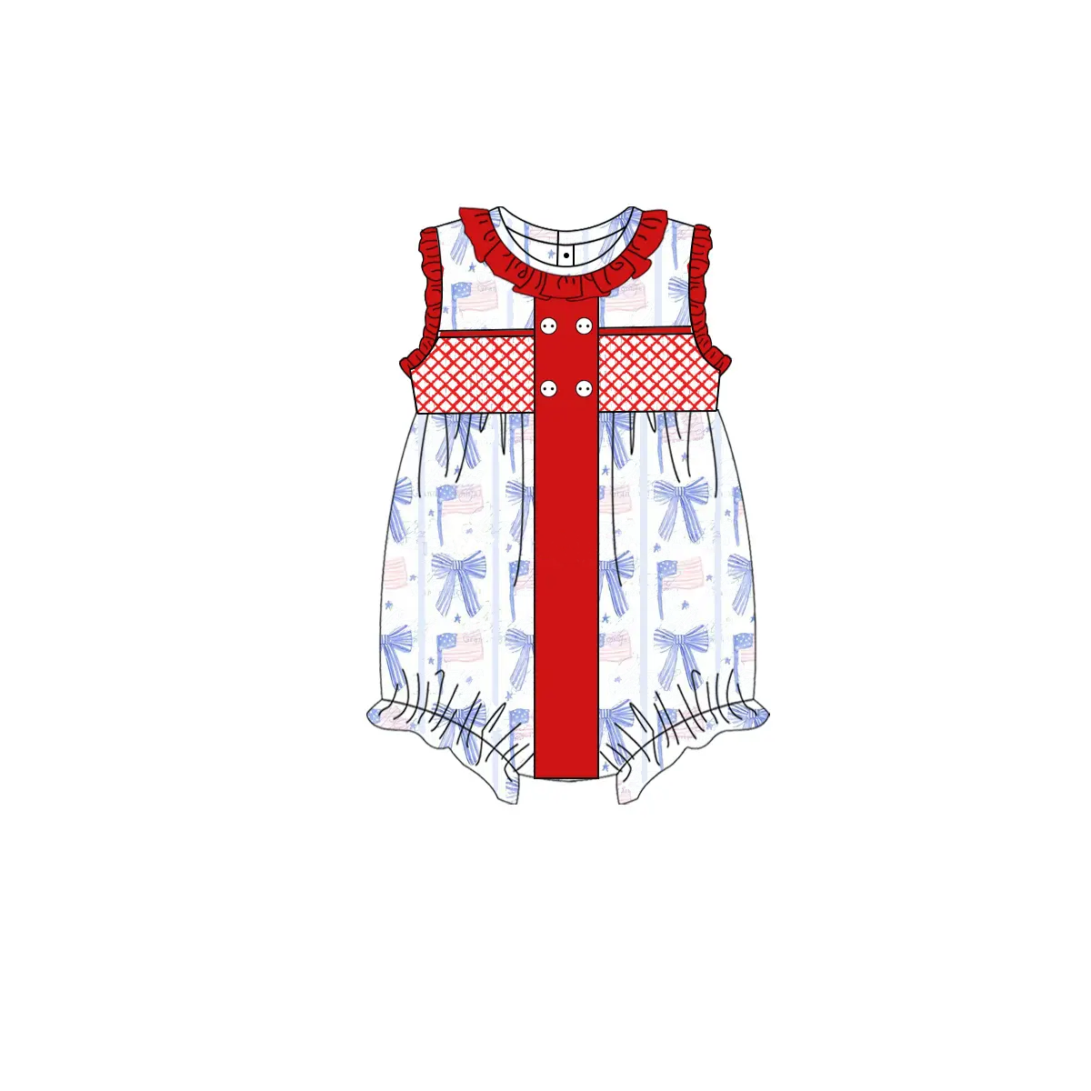 preorder SR2920 4th of July American Red Blue Bows Flag Ruffle Sleeveless Romper Girls Boutique Outfits 202503