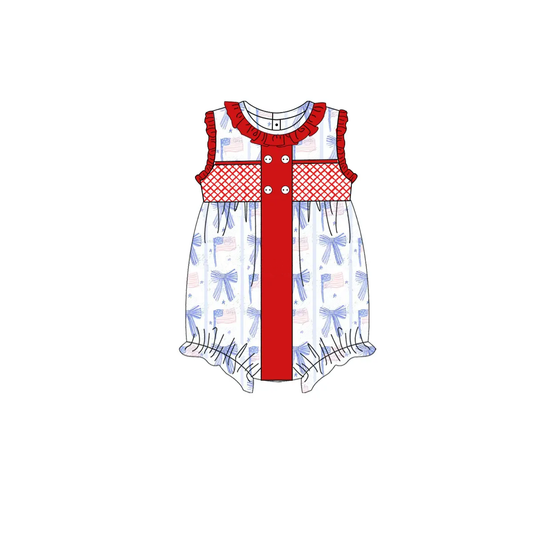 preorder SR2920 4th of July American Red Blue Bows Flag Ruffle Sleeveless Romper Girls Boutique Outfits 202503