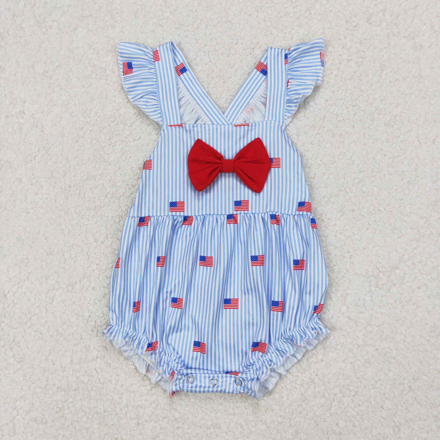 SR2921 4th of July USA Blue Striped Red Bows Flag Fly Sleeve Romper Girls Boutique Outfits 202503 RTS