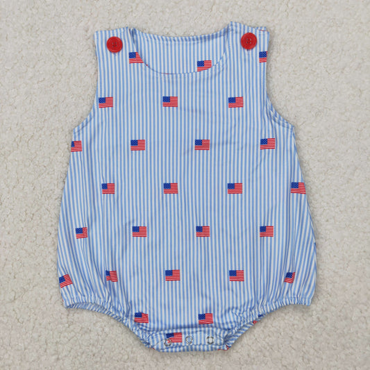SR2922 4th of July Flag Blue Striped Button Sleeveless Romper Boys Boutique Outfits 202503 RTS