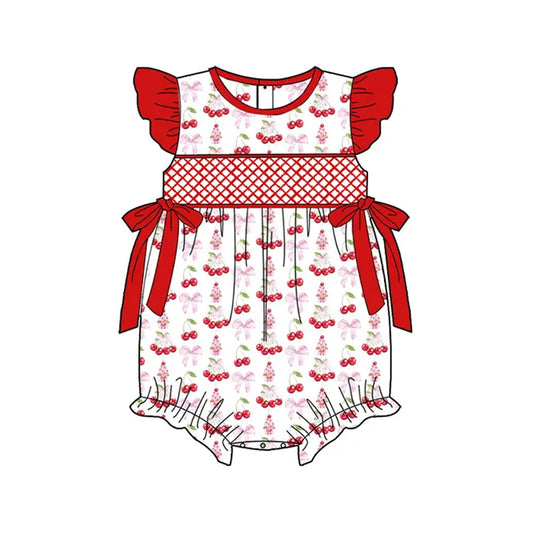 preorder SR2925 Red Bow Cherry Flying Sleeve Romper Girls Boutique Outfits 202503