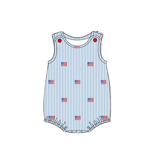 preorder SR2928 4th of July American Blue Striped Flag Sleeveless Romper Boys Boutique Outfits 202503