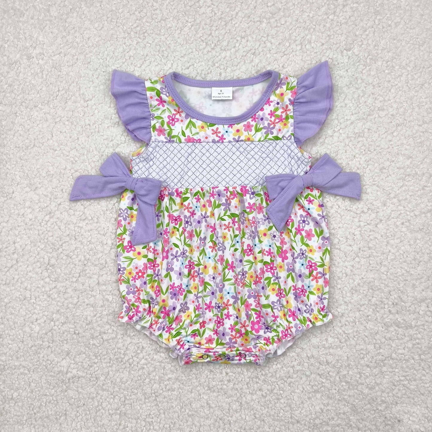 SR2928 Embroidered Colored Flower Purple Bow Flying Sleeve Romper Girls Boutique Outfits 202504 RTS