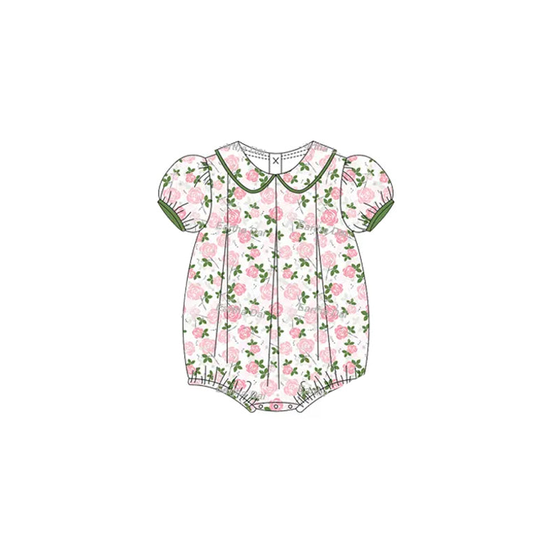 preorder SR2930 Pink Green Flower Puff Short Sleeve Romper Girls Boutique Outfits 202503