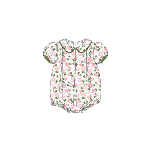 preorder SR2930 Pink Green Flower Puff Short Sleeve Romper Girls Boutique Outfits 202503