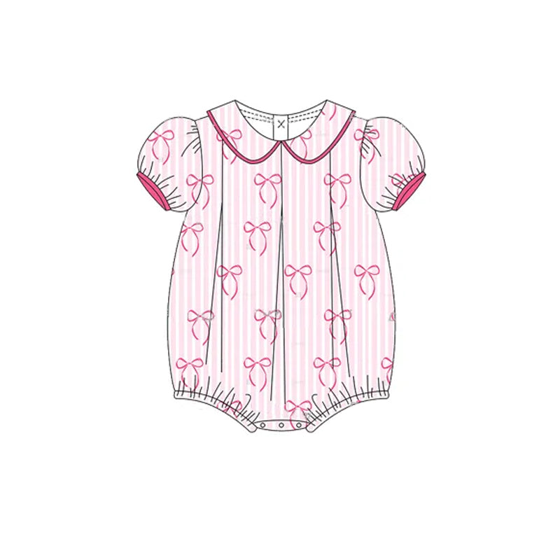preorder SR2931 Rose Pink Striped Bow Puff Short Sleeve Romper Girls Boutique Outfits 202503