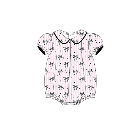 preorder SR2932 Black Pink Striped Bow Puff Short Sleeve Romper Girls Boutique Outfits 202503