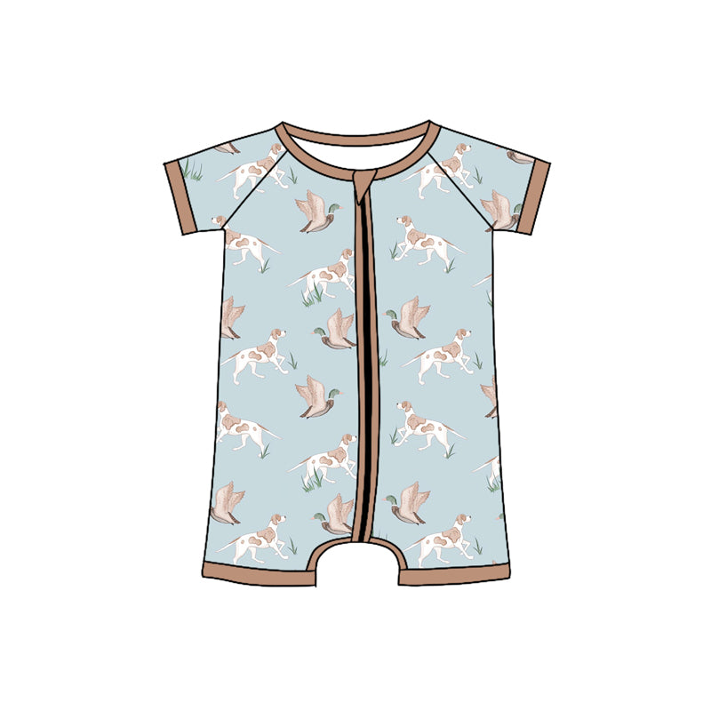 preorder SR2936 Duck Puppy Blue Brown Zip Short Sleeve Romper Boys Boutique Outfits 202503
