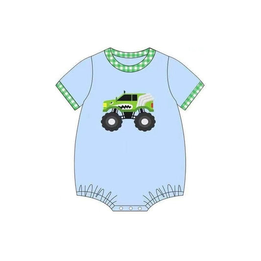 Preorder SR2937 Tractor Green Plaid Blue Short Sleeve Romper Baby Boys Boutique Summer Clothes 202503