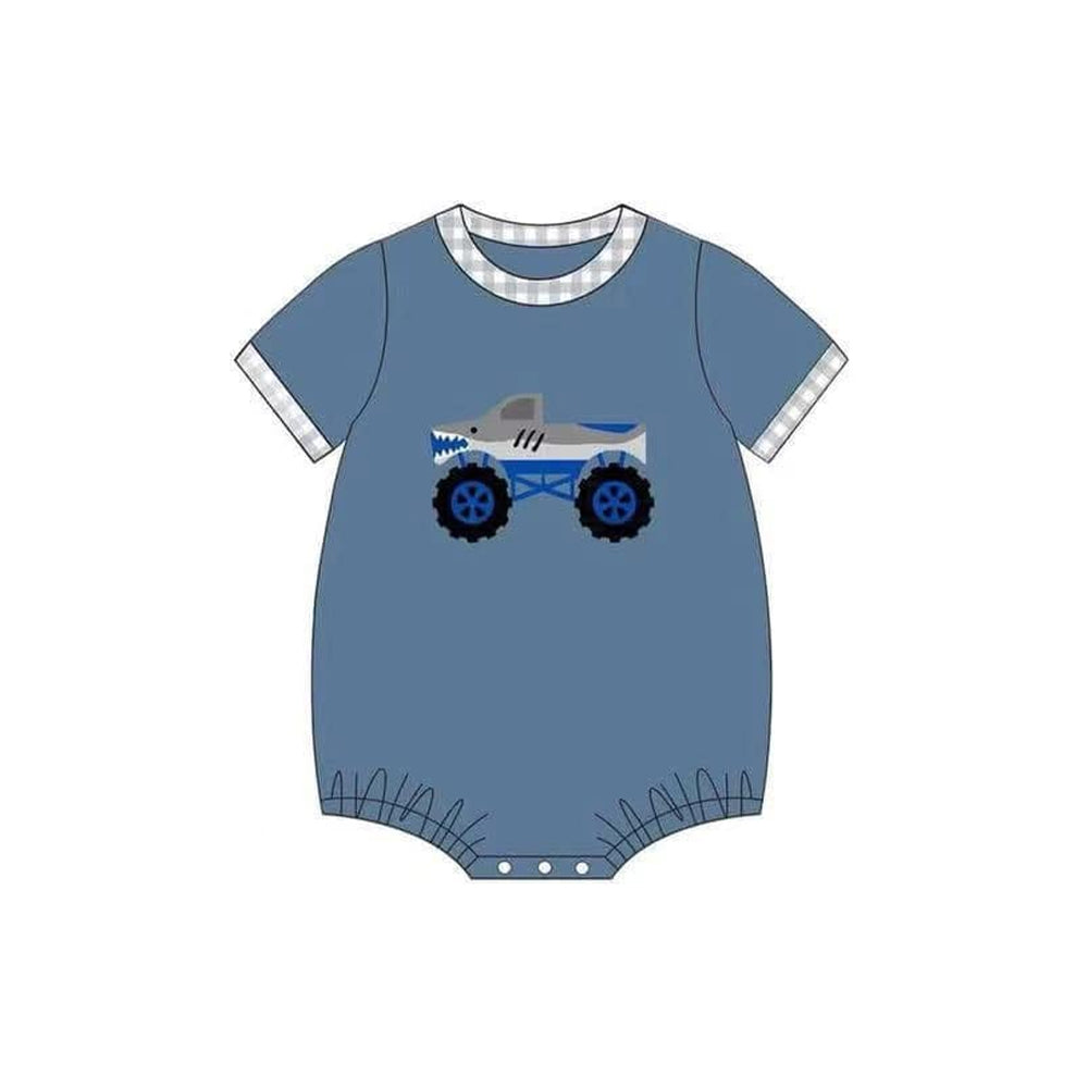 Preorder SR2938 Tractor Grey Plaid Dark Blue Short Sleeve Romper Baby Boys Boutique Summer Clothes 202503