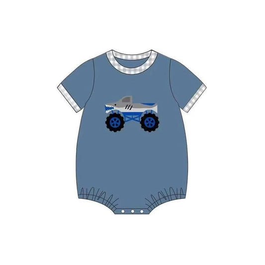 Preorder SR2938 Tractor Grey Plaid Dark Blue Short Sleeve Romper Baby Boys Boutique Summer Clothes 202503