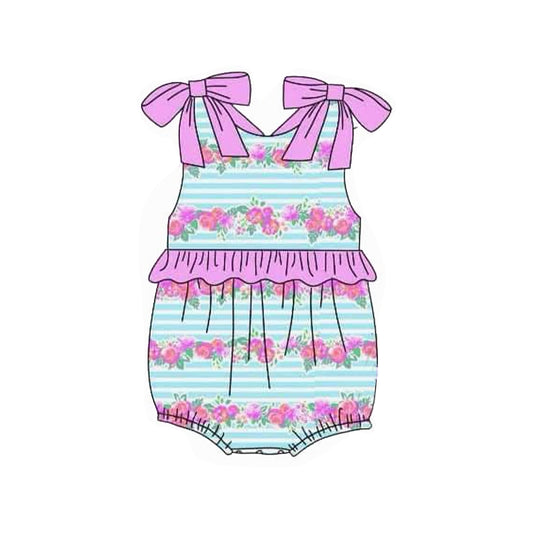 Preorder SR2939 Rose Red Ruffle Flower Blue Striped Sleeveless Romper Baby Girls Bubble Boutique Summer Clothes 202503