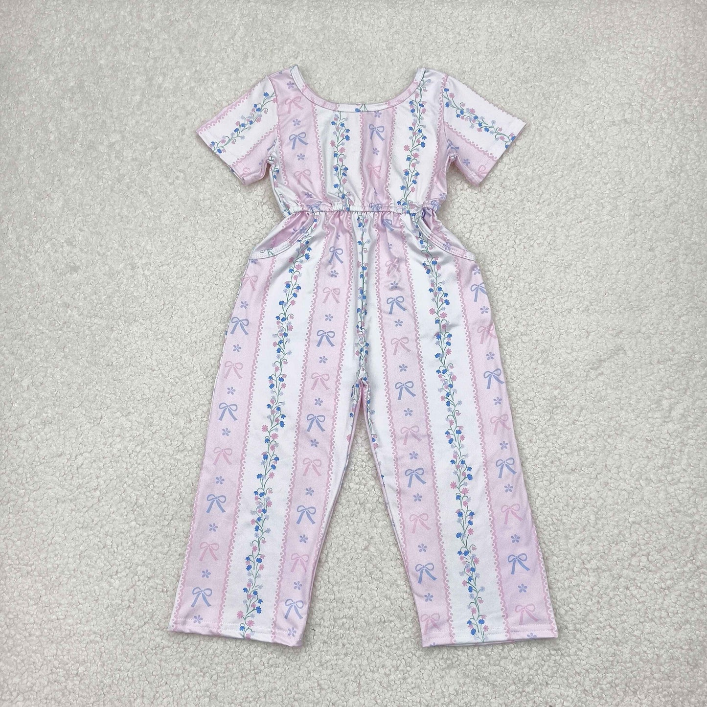 SR2941 Pink Flower Leaf Striped Short Sleeve Romper Overall Jumpsuit Girls Boutique Clothes 202504 RTS