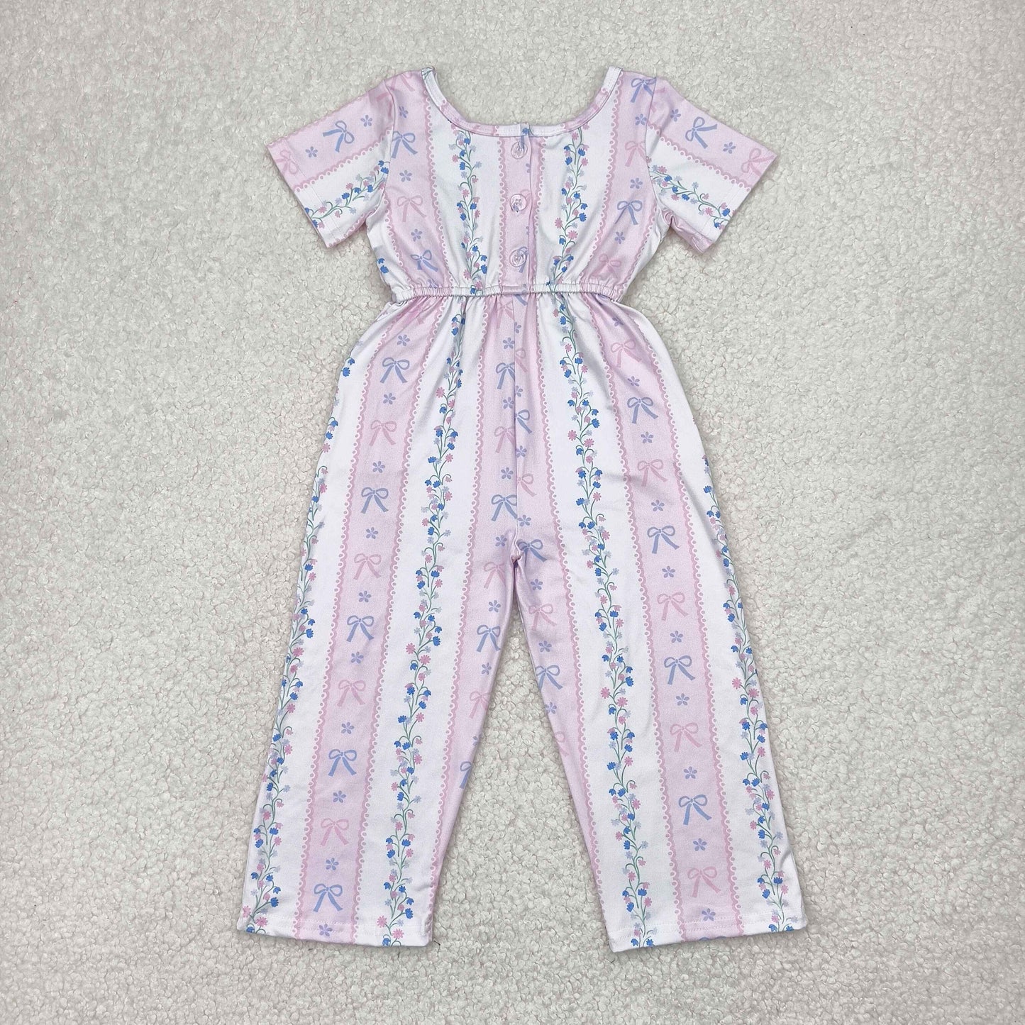 SR2941 Pink Flower Leaf Striped Short Sleeve Romper Overall Jumpsuit Girls Boutique Clothes 202504 RTS