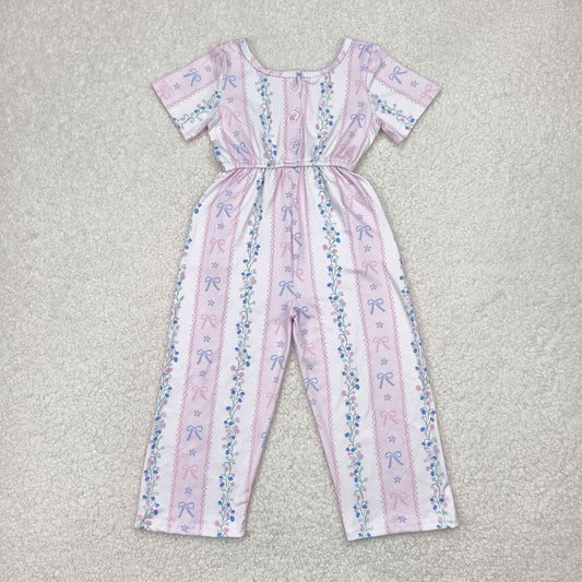 SR2941 Pink Flower Leaf Striped Short Sleeve Romper Overall Jumpsuit Girls Boutique Clothes  202504 RTS