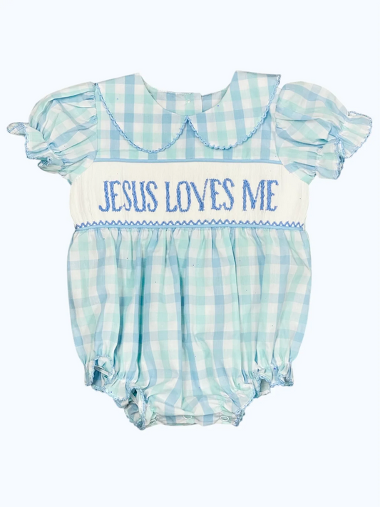Preorder SR2942 Jesus Love Me Green Plaid Short Sleeve Romper Baby Girls Bubble Boutique Summer Clothes 202503