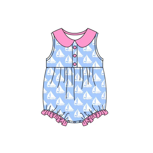 Preorder SR2951 Blue Sailboat Rose Red Doll collar Sleeveless Romper Baby Girls Boutique Summer Clothes 202503