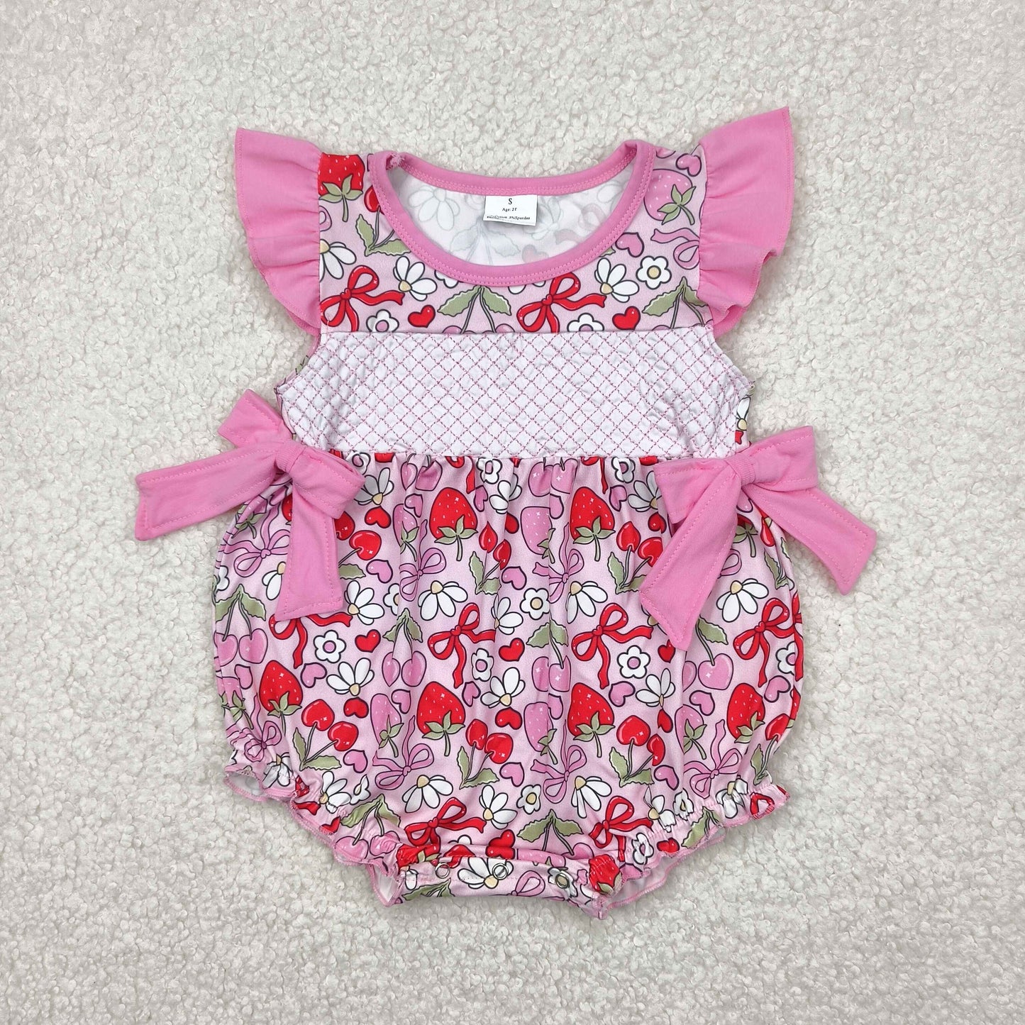 SR2953 Embroidered Pink Red Strawberry Cherry Bows Fly Sleeve Romper Baby Girls Boutique Summer Clothes 202504 RTS