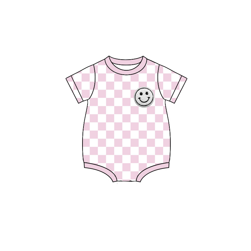 Preorder SR2959 Pink White Smile Face Short Sleeve Romper Baby Girls Boutique Summer Clothes 202503