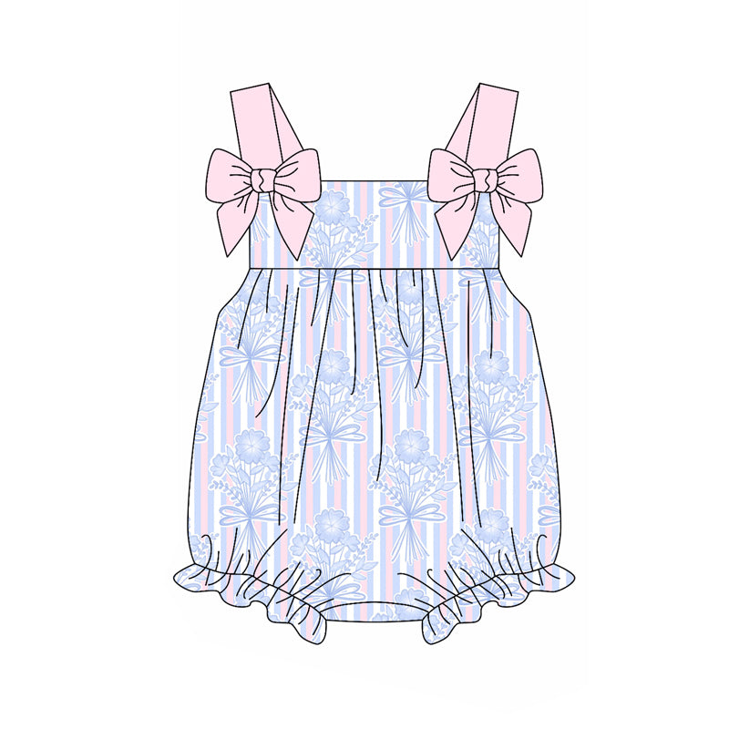 Preorder SR2960 Pink Blue Flower Striped Bows Sleeveless Romper Baby Girls Boutique Summer Clothes 202503