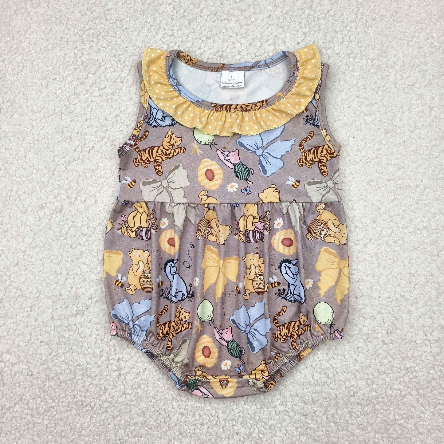 SR2963 Orange Brown Winnie-the-Pooh Ruffle Sleeveless Romper Baby Girls Boutique Summer Clothes 202504 RTS