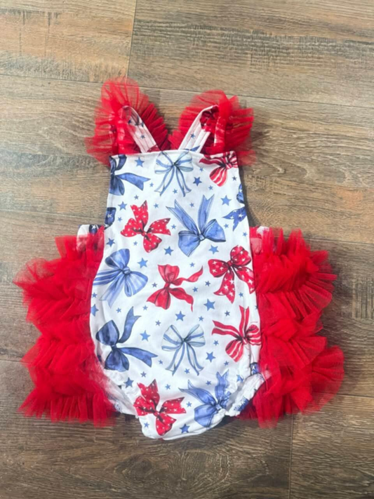 Preorder SR2965 4th of July Red Blue Bows Star Tulle Ruffle Sleeveless Romper Baby Girls Boutique Summer Clothes  202503