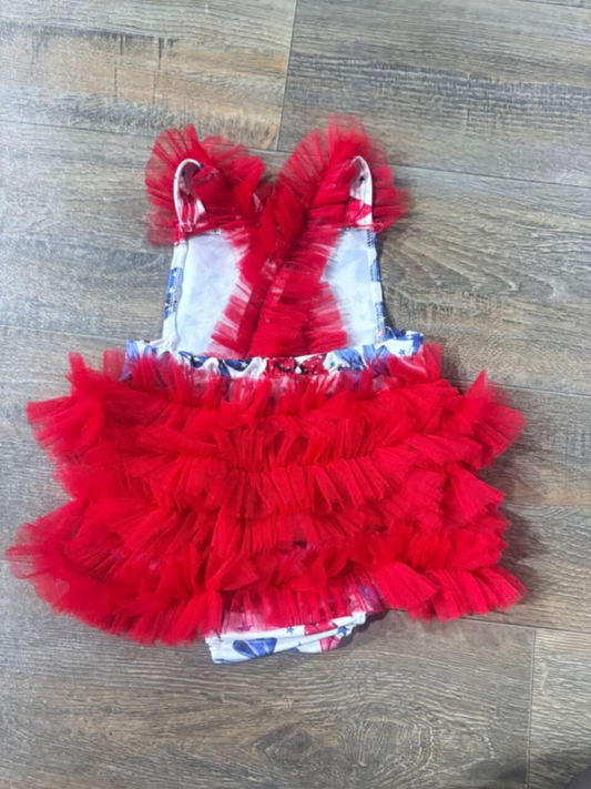 Preorder SR2965 4th of July Red Blue Bows Star Tulle Ruffle Sleeveless Romper Baby Girls Boutique Summer Clothes  202503