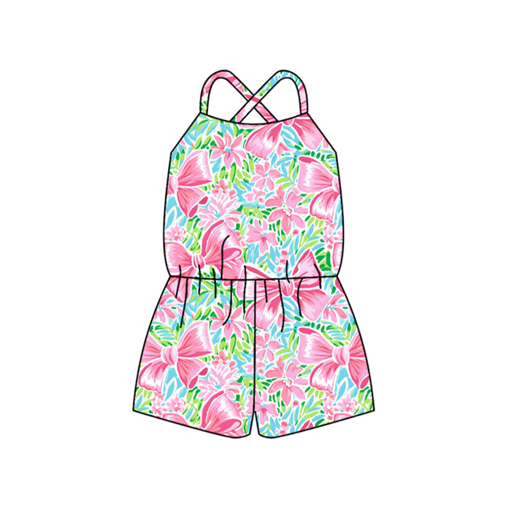 Preorder SR2966 Pink Green Flower Sleeveless Romper Overall Jumpsuit Girls Boutique Clothes 202504