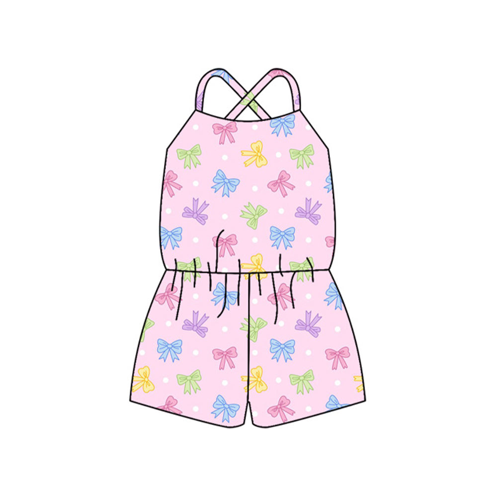 Preorder SR2967 Colored Bows Pink Sleeveless Romper Overall Jumpsuit Girls Boutique Clothes 202504