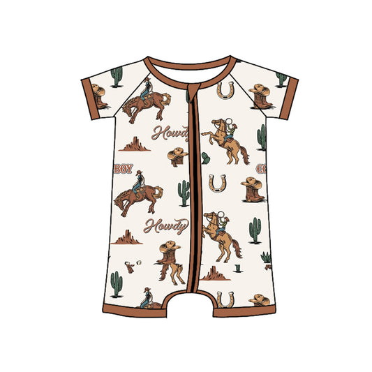 Preorder SR2971 Cowboy Rodeo Fashion Cactus Horse Zip Short Sleeve Romper Baby Boy Romper 202504