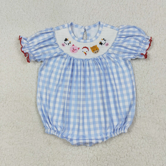 SR2981 Factor Animals Blue Plaid Short Sleeve Romper Smock Baby Girl Romper 202506 RTS