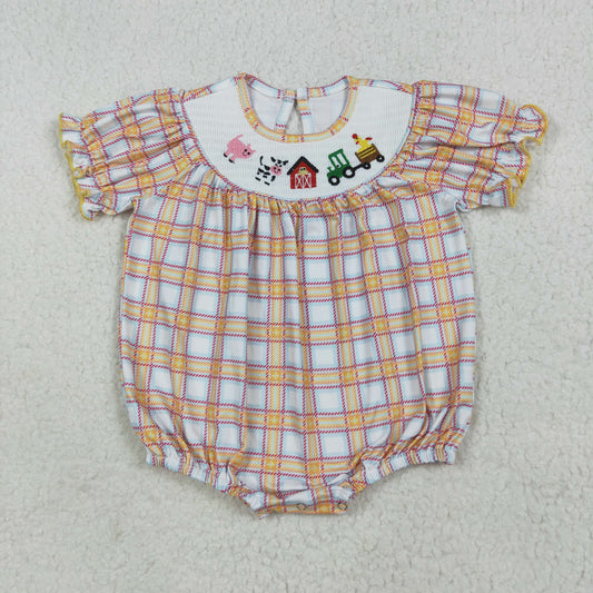 SR2982 Factor Animals Orange Plaid Short Sleeve Romper Smock Baby Girl Romper 202507 RTS