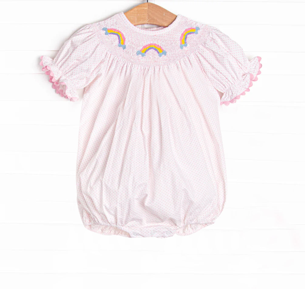 Preorder SR2983 Rainbow Pink Dot Short Sleeve Romper Smock Baby Girl Romper 202504