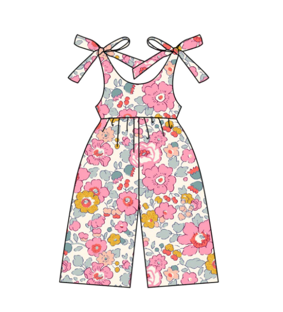 Preorder SR2984 Pink Orange Flower Leaf Sleeveless Romper Overall Jumpsuit Girls Boutique Clothes 202503