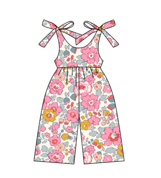 Preorder SR2984 Pink Orange Flower Leaf Sleeveless Romper Overall Jumpsuit Girls Boutique Clothes  202503