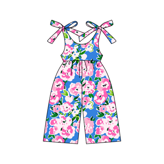 Preorder SR2985 Pink Blue Flower  Sleeveless Romper Overall Jumpsuit Girls Boutique Clothes  202503