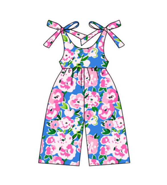 Preorder SR2985 Pink Blue Flower Sleeveless Romper Overall Jumpsuit Girls Boutique Clothes 202503