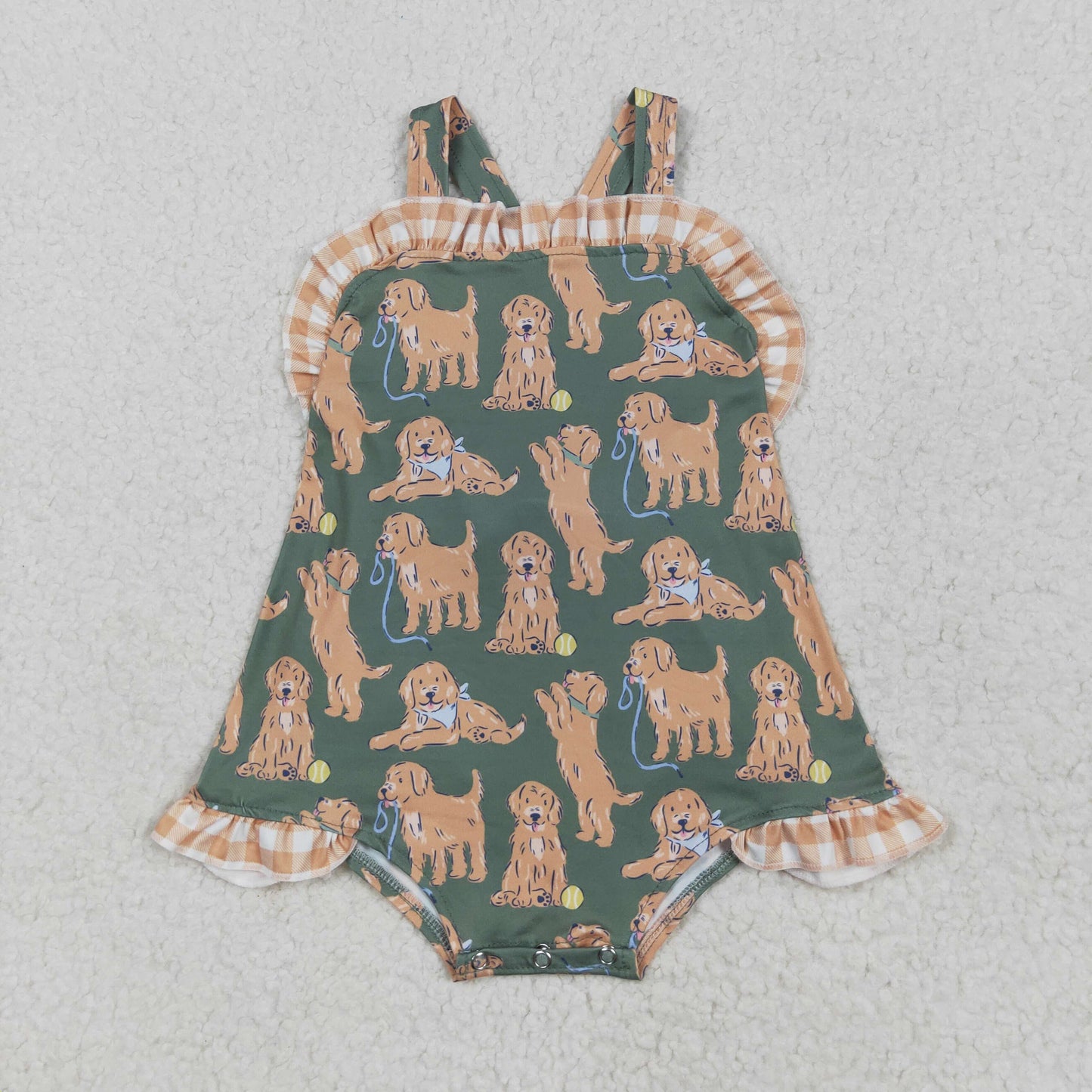 SR2986 Puppy Green Brown Ruffle Sleeveless Romper Baby Girls Romper 202505 RTS