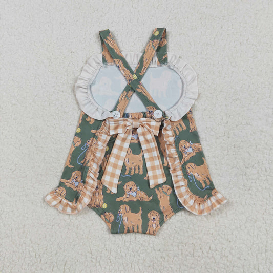 SR2986 Puppy Green Brown Ruffle Sleeveless Romper Baby Girls Romper 202505 RTS