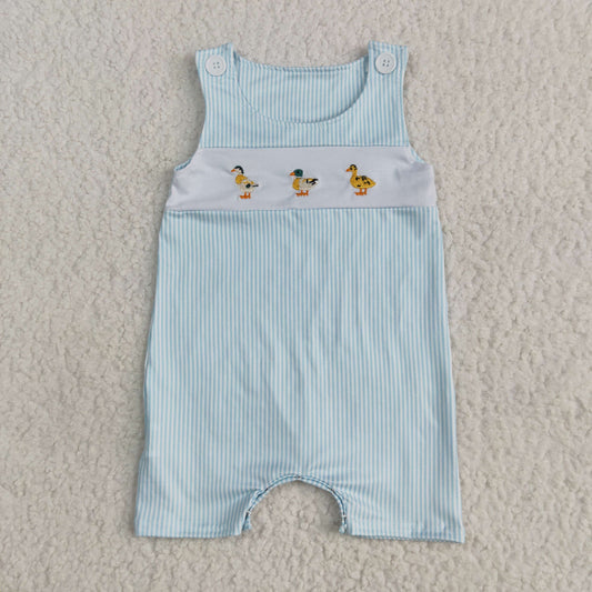 SR2991 Embroidered Duck Hunting Clothes Light Blue Sleeveless Romper Smocked Baby Boys Romper 202505 RTS
