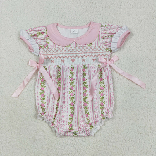 SR2994 Embroidered Pink Bows Flower Stripe Short Sleeve Romper Smocked Baby Girls Romper 202505 RTS